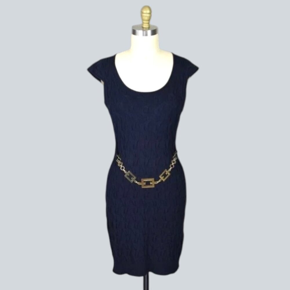 MILLY NAVY CABLE KNIT CHAIN SWEATER DRESS